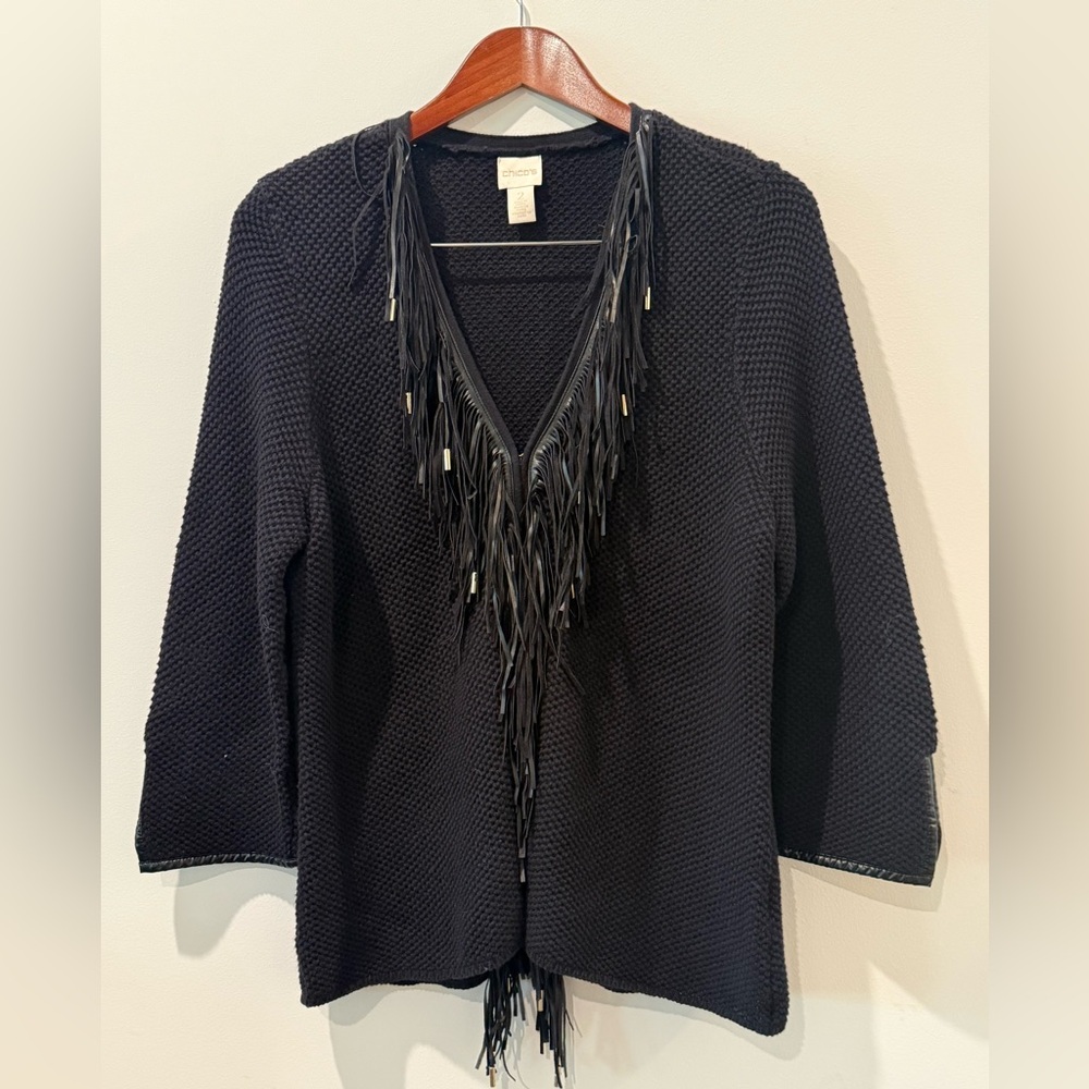 Chico's Elegant Black Fringe Cardigan